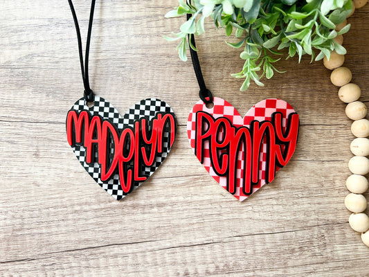 Checkered Heart Name Bag Tags