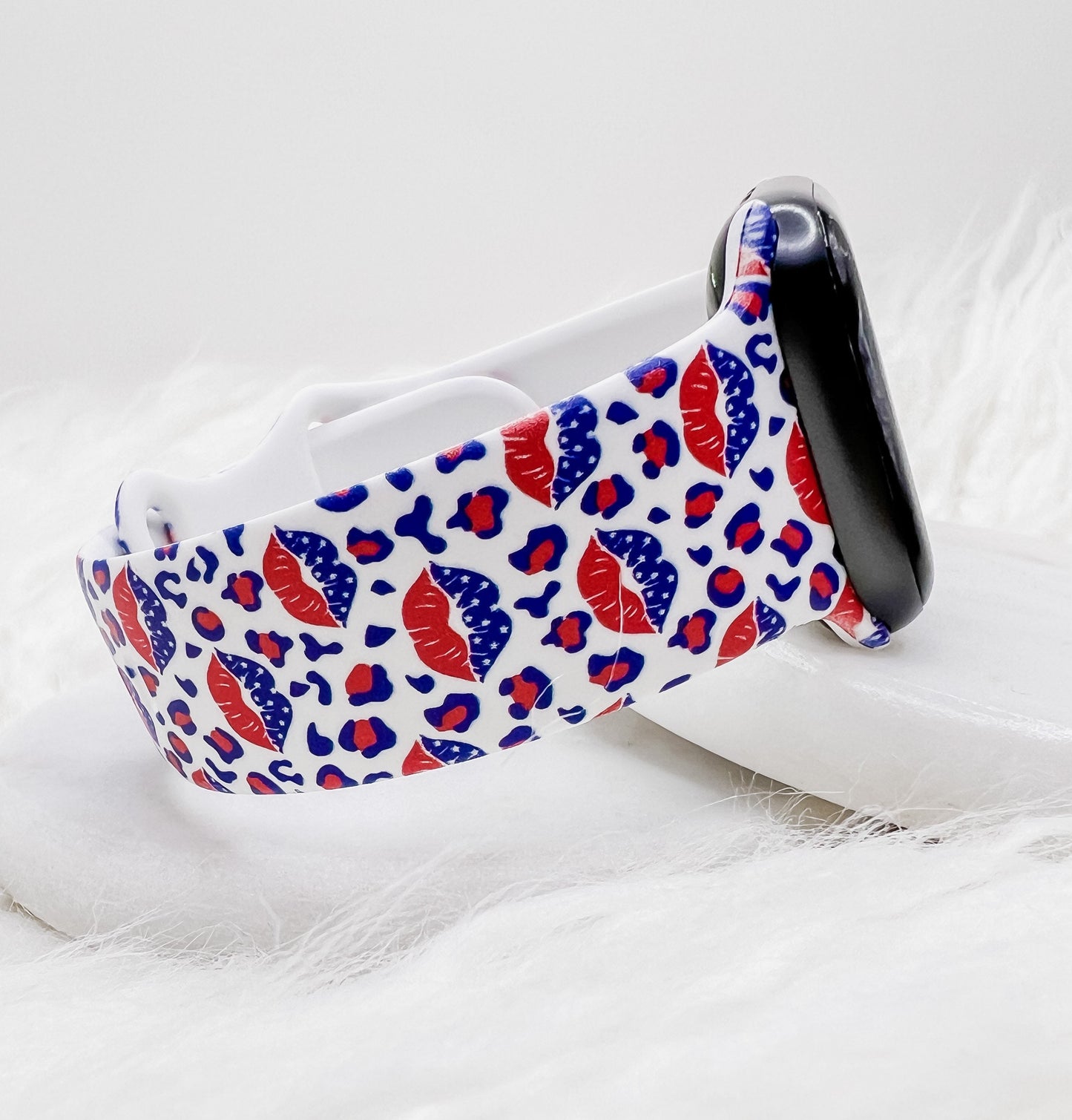 Red White and Blue Lips Leopard Watch Band compatible with Apple Watch Fitbit Samsung