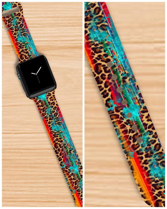 Western turquoise leopard Watch Band compatible with Apple Watch Fitbit Samsung