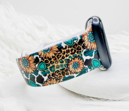 Western turquoise cow print leopard sunflower Watch Band compatible with Apple Watch Fitbit Samsung