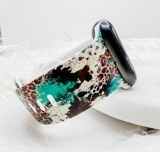 Western turquoise cow print leopard Watch Band compatible with Apple Watch Fitbit Samsung