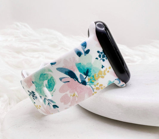 Watercolor Mint and Pink Floral Watch Band compatible with Apple Watch Fitbit Samsung