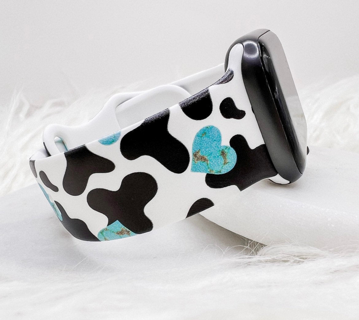 Cow Print Turquoise Heart Watch Band compatible with Apple Watch Fitbit Samsung