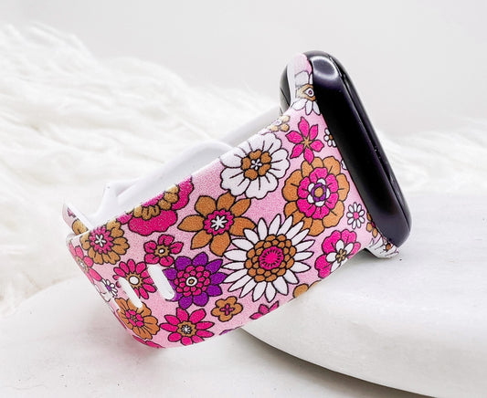 Pink Retro Flower Watch Band compatible with Apple Watch Fitbit Samsung